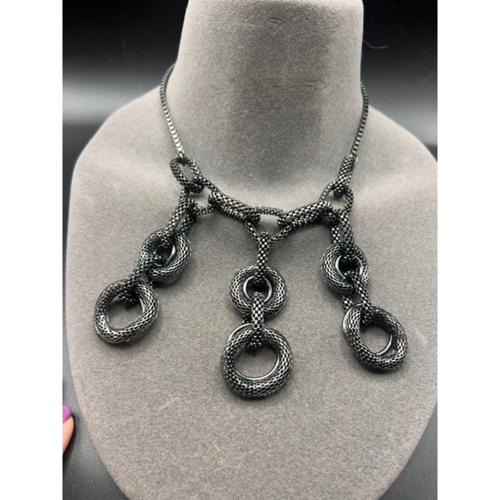 Vintage Talbots Chunky Gunmetal Mesh Ring Bib Statement Necklace Y2K Industrial